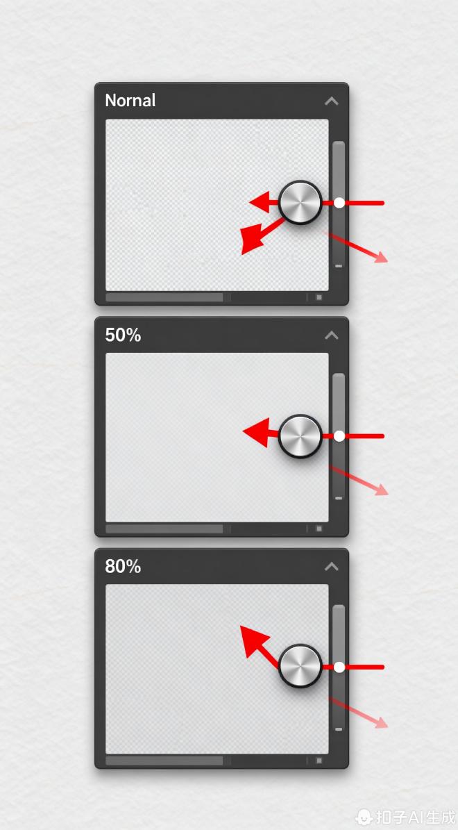 Snipaste中滚轮调节透明度的三档效果：正常显示（左）、50%透明（中）、80%透明（右），红色箭头标注Ctrl+滚轮操作位置