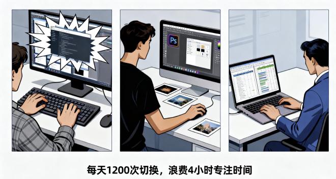 多任务处理效率损耗场景：三职业窗口切换示意图