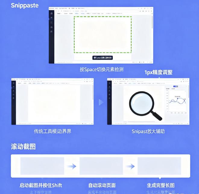 图2：像素级微调操作界面。截图选区边缘显示放大镜，坐标栏实时显示精确像素位置